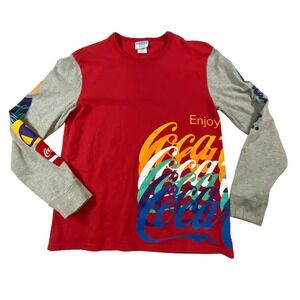 Champion x Coca-Cola VTG Long Sleeve Shirt Mens Medium Red Grey Graphic Tee Logo